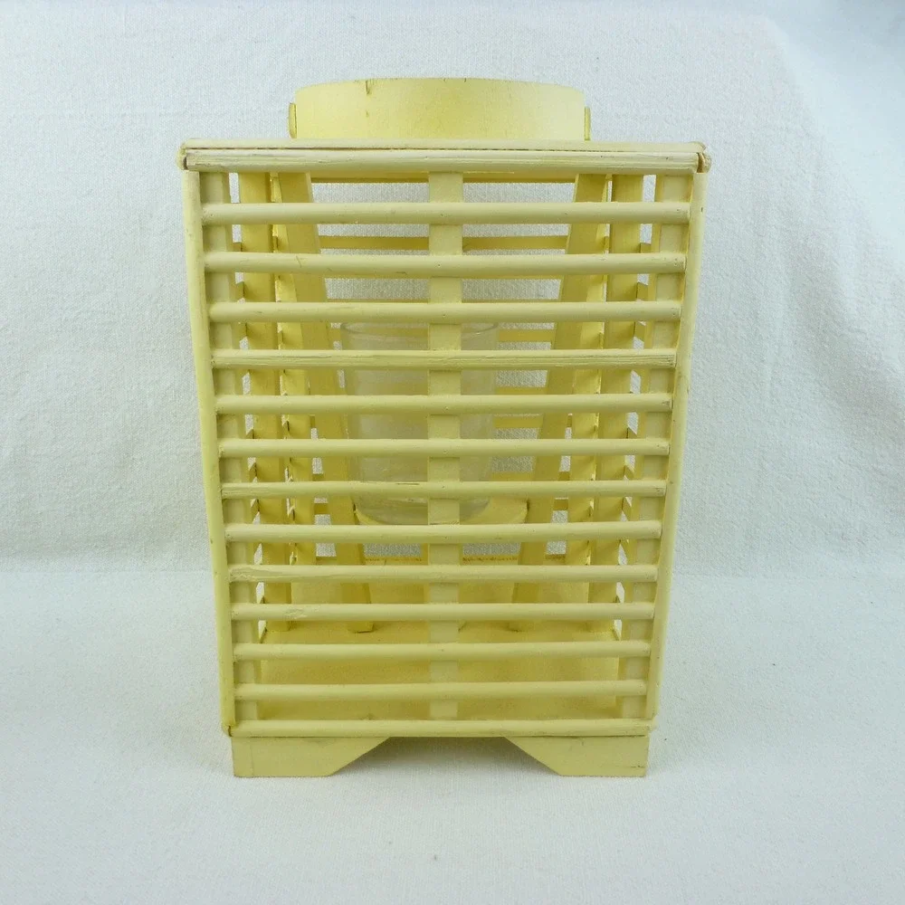 Vintage Yellow Wooden Slatted Lantern Candle Holder with‎ Glass Insert